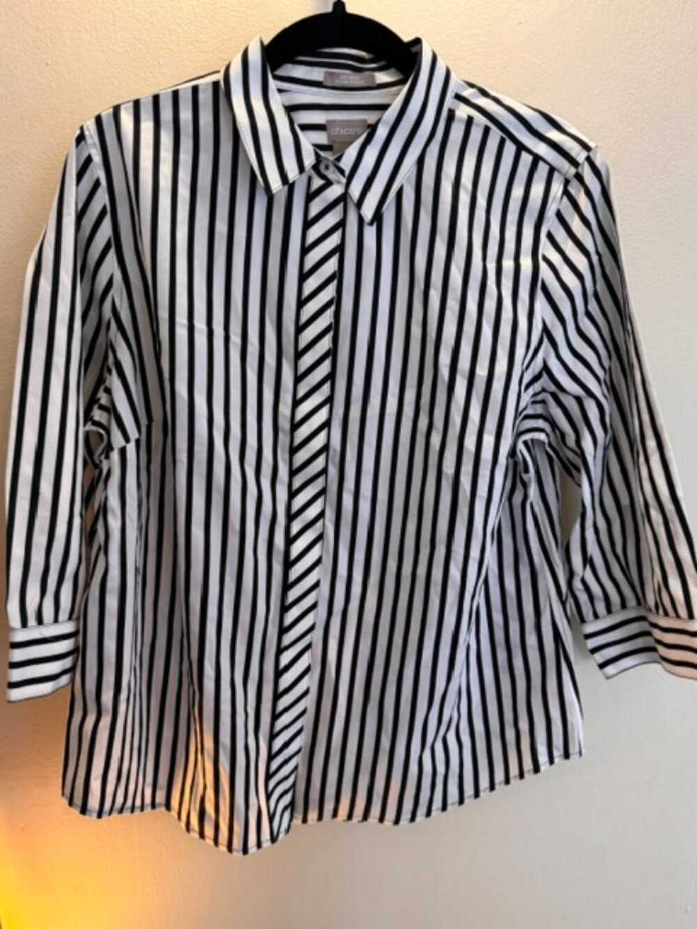 Chico's Black and White striped no iron shirt